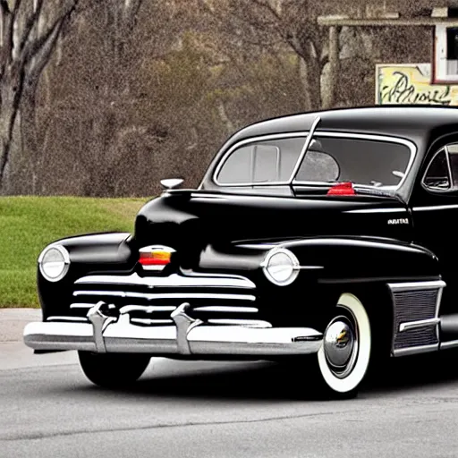 Image similar to 1 9 4 8 desoto car, black, driving through a 1 9 5 0 s town, in the style of norman rockwell