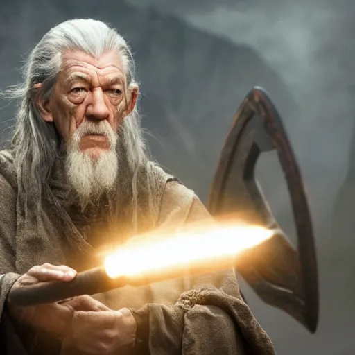 Prompt: the evil ian mckellen as gandalf in a dark viking hood playing odin all father from the thor movie crafting a neural network with synapses on an anvil, highly detailed, cinematic shot, cinematic lighting, 8 k, exquisit facial detail