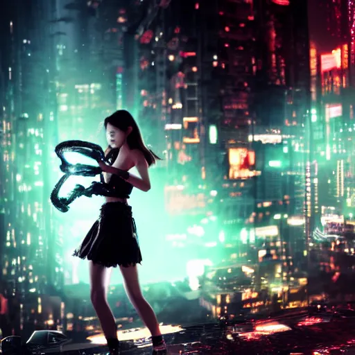 Prompt: a girl like (yoona, Elle Fanning), punching in a bag, background cyberpunk city, full shot, photo, volumetric lighting, epic composition, intricate details, dark neon punk, by KDA