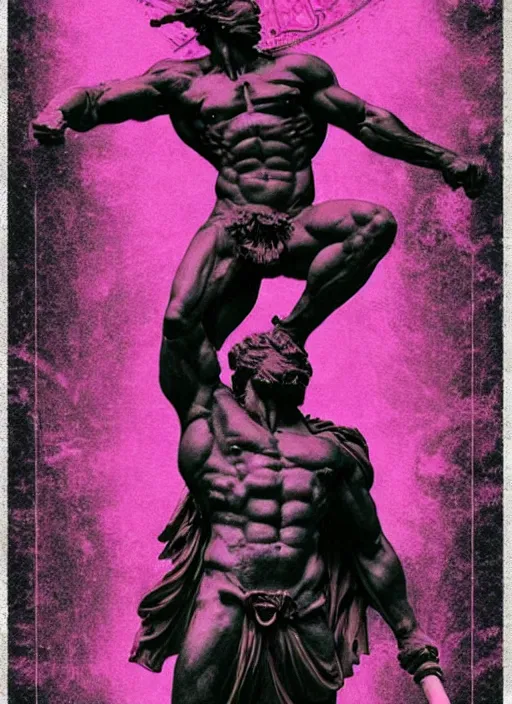 Prompt: dark design poster showing a statue of hercules, black background with very subtle red and purple design elements, powerful, nekro, guido crepax, graphic design, thin lines, dark, glitch art, neo vaporwave, gritty, layout frame, square, trending on artstation