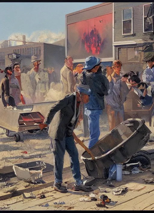 Image similar to people staring into a burning trashcan, an ultrafine detailed painting by john philip falter, austin briggs, cg society, american scene painting, dystopian art, american realism, academic art