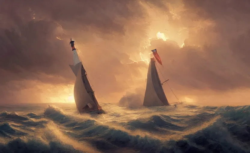 Prompt: painting of a sailing ship in a horrible stormwith big waves, lighthouse at sunset, natural light, concept art, by greg rutkowski, cozy atmospheric and cinematic lighting