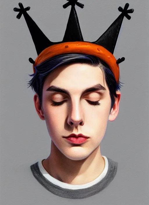 Image similar to portrait of teenage jughead jones wearing a light grey crown, symmetrical crown, sweater with picture of hamburger, eyes closed, crown, black hair, orange, intricate, elegant, glowing lights, warm lighting, highly detailed, digital painting, artstation, concept art, smooth, sharp focus, illustration, art by wlop, mars ravelo and greg rutkowski