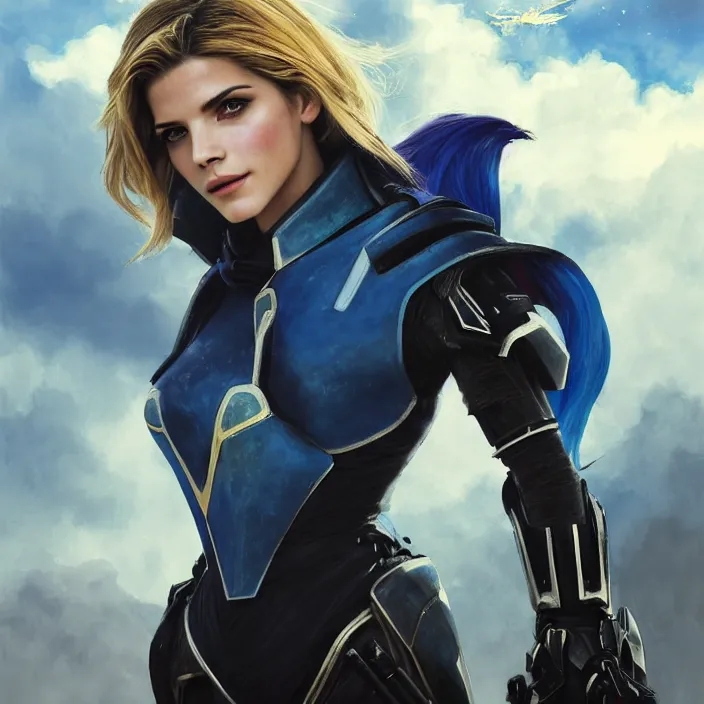 Image similar to portrait of a combination of Ashley Greene, Katheryn Winnick, Victoria Justice, Adriana Dxim, Grace Kelly and Emma Watson with blue hair wearing Interceptor's armor from Anthem, countryside, calm, fantasy character portrait, dynamic pose, above view, sunny day, thunder clouds in the sky, artwork by Jeremy Lipkin and Giuseppe Dangelico Pino and Michael Garmash and Rob Rey and Greg Manchess and Huang Guangjian, very coherent asymmetrical artwork, sharp edges, perfect face, simple form, 100mm