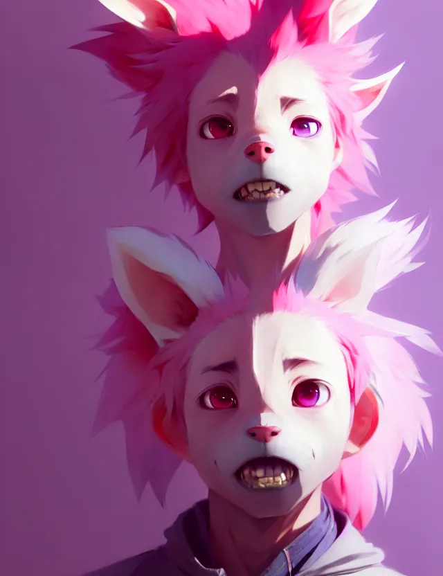 Image similar to a beautiful fullbody portrait of a cute anime boy with pink hair and pink wolf ears. character design by cory loftis, fenghua zhong, ryohei hase, ismail inceoglu and ruan jia. artstation, volumetric light, detailed, photorealistic, fantasy, rendered in octane