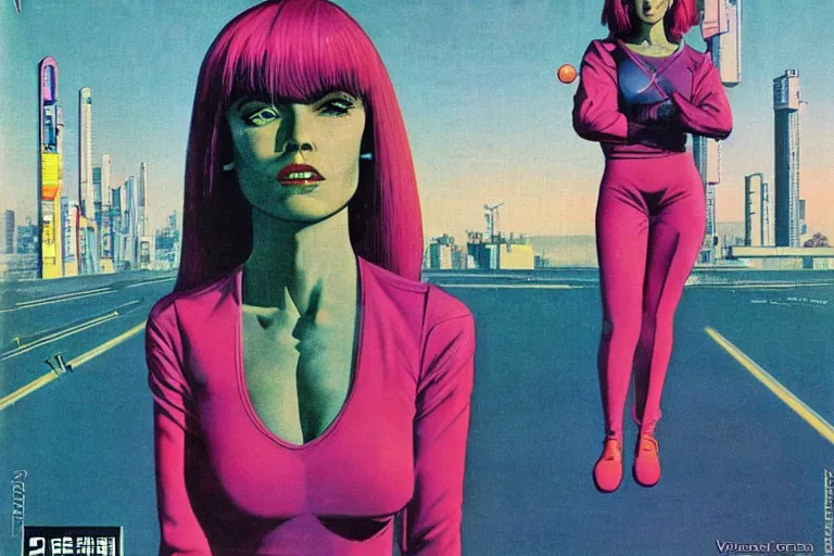 Image similar to 1979 OMNI Magazine Cover of woman with shiny Chrome face with Pink hair. neo-Tokyo streets behind her. in cyberpunk style by Vincent Di Fate