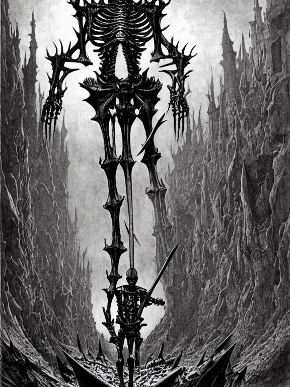 Prompt: A spiked horned semiork-semihuman skeleton with armored joints stands in a large cavernous throne room with sword in hand. Massive shoulderplates. Extremely high detail, realistic, fantasy art, solo, masterpiece, bones, ripped flesh, saturated colors, art by Zdzisław Beksiński, Arthur Rackham, Dariusz Zawadzki