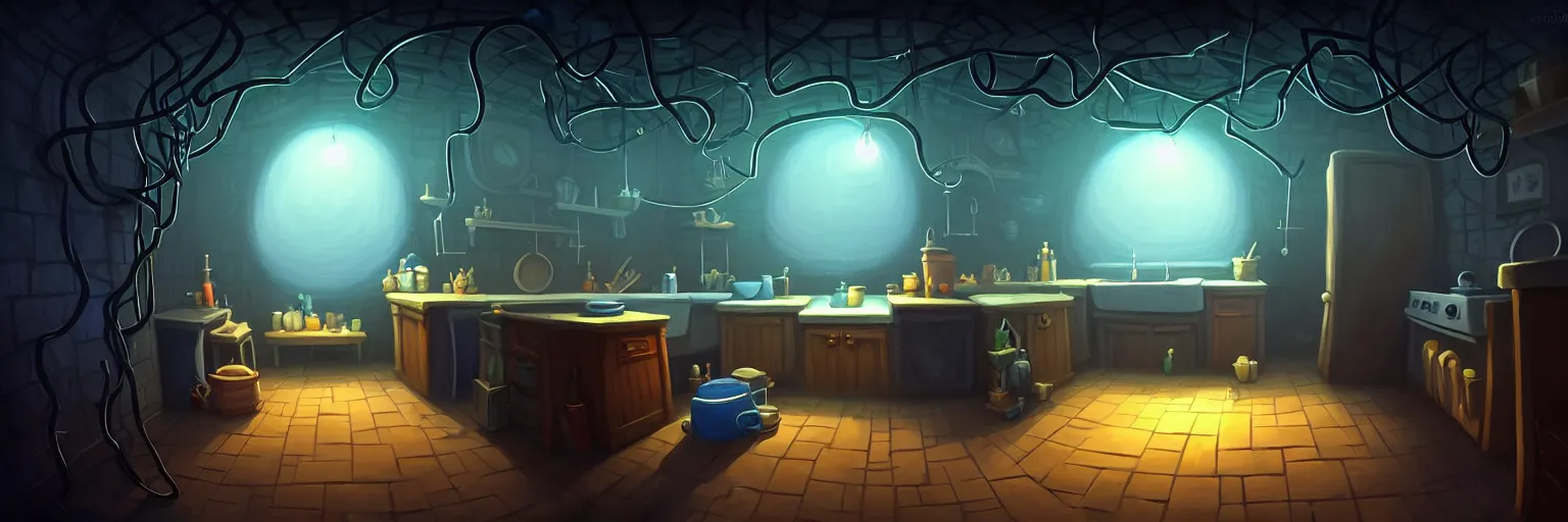 Prompt: night, volumetric shadows, volumetric lighting, underground basement, dark walls, fisheye, naive, extra narrow, detailed illustration of a kitchen, large floor, dungeon lighting by rhads from lorax movie, trending artstation, dark blue, vines crawling, tavern