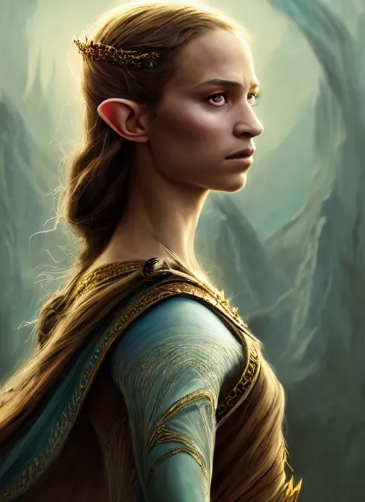 Prompt: side profile centered painted portrait, alicia vikander as elven princess, lord of the rings, tolkien, matte painting concept art, baroque, beautifully backlit, swirly vibrant color lines, fantastically gaudy, aesthetic octane render, 8 k hd resolution, by wlop, greg rutkowski and artey freytag