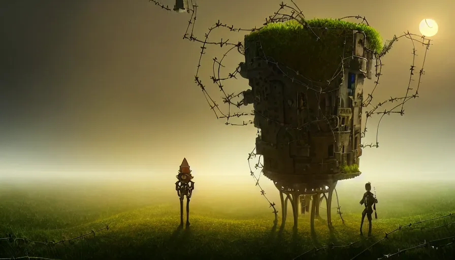 Image similar to a walking mechanical castle with legs, vines, pilar, hyperrealistic, highly detailed, cinematic, single ray of sun, fog, beautiful, cgssociety, artstation, 8 k, oil painting