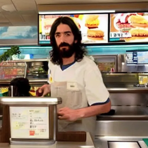 Image similar to Jesus working the counter at McDonald’s real photo
