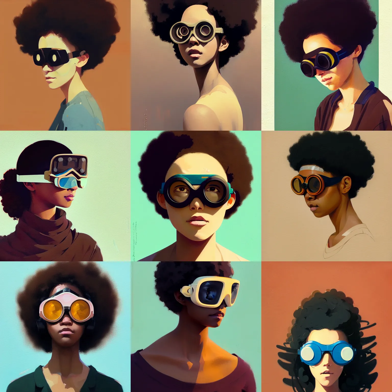 Image similar to Beautiful woman wearing goggles profile picture by Greg Rutkowski, brown skin, afro hair, asymmetrical, studio ghibli, Organic Painting , Matte Painting, geometric shapes, hard edges, street art, trending on the artstation, realistic by Sachin Teng,