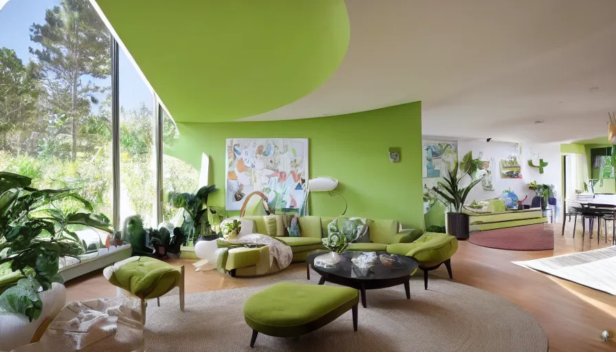 Image similar to interior of a 60s modern home that is avocado themed