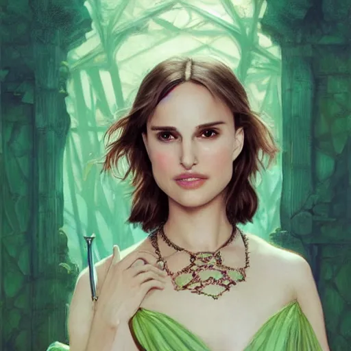 Prompt: Natalie Portman as a Bard, looking at camera, D&D, choker on neck, stylish green dress, intricate, elegant, stylish, serious expression, extremely detailed, digital painting, artstation, concept art, smooth, sharp focus, illustration, stunning lighting, art by artgerm and greg rutkowski and alphonse mucha and simon stalenhag