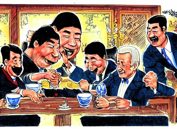 Image similar to joe biden arm wrestling xi jinping in a bar in china illustration by mike ploog