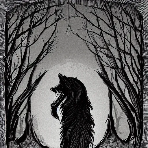 Image similar to ghoul wolf, cryptid, creature, horror art