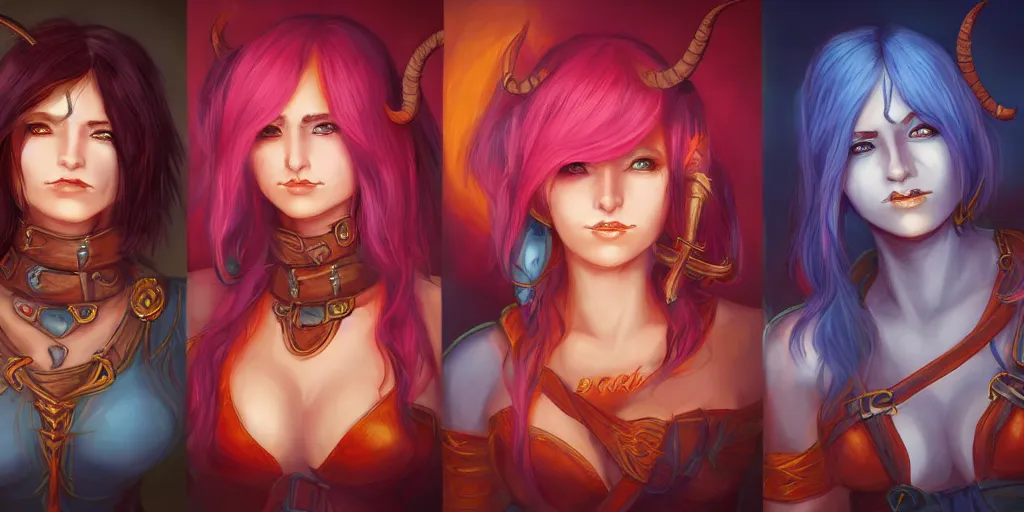 Prompt: triptych of youthful female feminine horned tiefling female bard with long blue bob cut hairstyle, her skin is orange and tanned, and her eyes are pure black orbs, and she is wearing colorful leather armor by rossdraws,