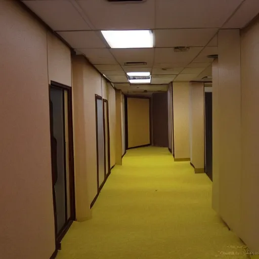 Image similar to do you want to draw an orangutan in an empty 9 0 s office building with no windows doors or furniture the building has brown carpet and yellow wallpaper as an anime?