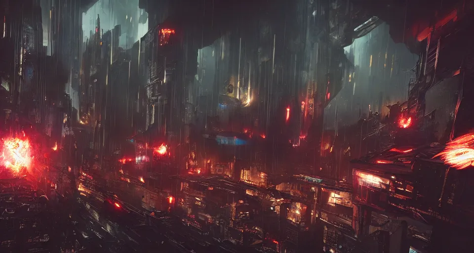 Image similar to sci-fi bombers in a cyberpunk medieval gothic dark-ages city, rich contrast, sci-fi bombers in the lightning-storm sky, feeling of grimdark and gothic horror, explosions and fire, hyperrealistic, octane render, unreal engine, Cryengine 8k UHD