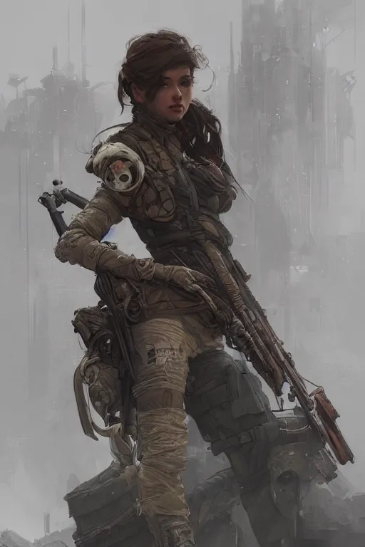 Image similar to A full portrait of a beautiful post apocalyptic elite sniper, intricate, elegant, highly detailed, digital painting, artstation, concept art, smooth, sharp focus, illustration, art by Krenz Cushart and Artem Demura and alphonse mucha