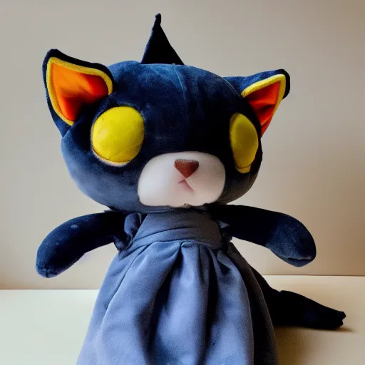 Image similar to cute fumo plush of a devout cat girl from a secret cult, the order of the burning shadow, studio lighting, chaotic neutral