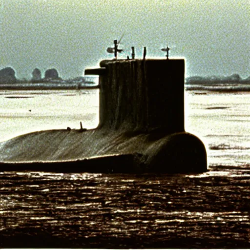 Prompt: film still, close up, nuclear submarine rising out of muddy vietnam river, face covered in mud, low camera angle at water level, night time, film still from apocalypse now ( 1 9 7 9 ), 2 6 mm,