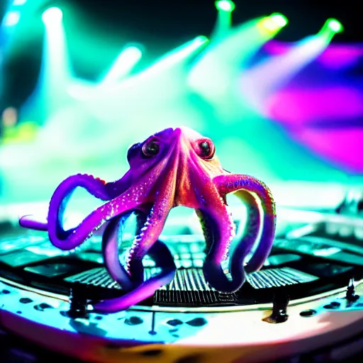 Image similar to award winning closeup photo, film still of an octopus! as a dj with tentacles! simultaneously placed turntables cdjs and knobs of a pioneer dj mixer. sharp, blue and fuschia colorful lighting, in front of a large crowd, studio, medium format, 8 k detail, volumetric lighting, wide angle, at an outdoor psytrance festival main stage at night