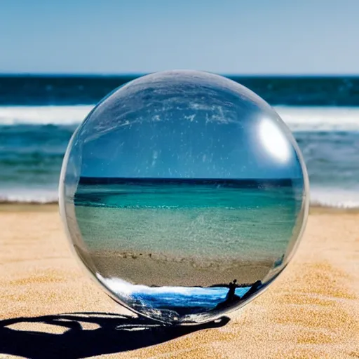 Prompt: a transparent sphere on a beach