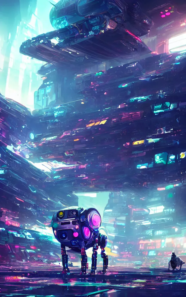 Image similar to a robot dog in a futuristic arena, digital art, epic composition, fantasy cyberpunk, explosion of color, highly detailed, artstation