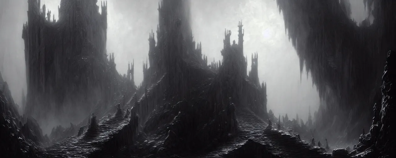 Image similar to a digital concept art by gustave dore and greg rutkowski, trending on artstation. dante's divine comedy, dark fantasy cave palace of bad omens, a iron throne, white stone steps seeping magma. fier in fog. light effect. 3 d, octane render, unreal engine. mist.