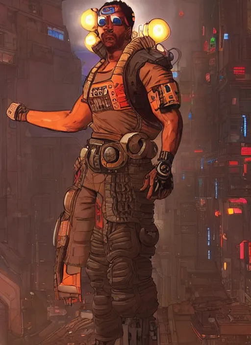 Prompt: greg. apex legends buff cyberpunk weight lifter. concept art by james gurney and mœbius. gorgeous face, cinematic, dramatic lighting ( cyberpunk 2 0 7 7 ), clean aesthetic