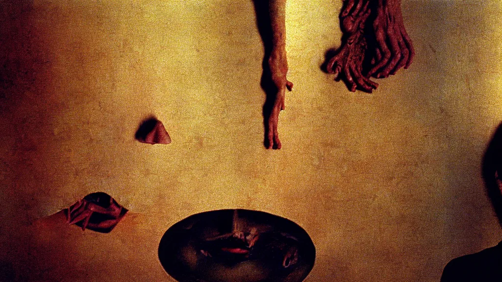 Image similar to the face with the plate of food under my bed, film still from the movie directed by denis villeneuve and david cronenberg with art direction by salvador dali and zdzisław beksinski, wide lens