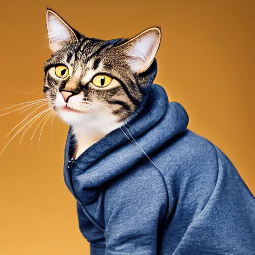 Image similar to a studio photograph of a cat wearing a hoodie,realistic,photorealistic,hyperdetailed,hyperrealistic,detailed face,highly detailed,professional photo,professional lighting,studio photo,studio lighting