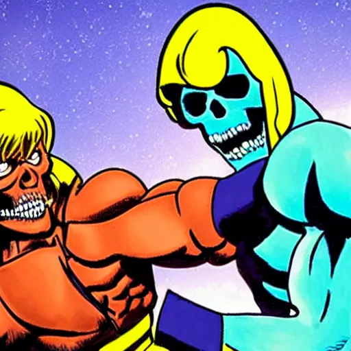 Image similar to he - man fights skeletor hyper realistic in the white house