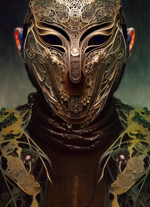 Image similar to organic cyborg, asian black bear mask opening, diffuse lighting, fantasy, intricate, elegant, highly detailed, lifelike, photorealistic, digital painting, artstation, illustration, concept art, smooth, sharp focus, Bright colours, art by John Collier and Albert Aublet and Krenz Cushart and Artem Demura and Alphonse Mucha