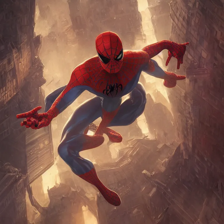 Image similar to portrait of spiderman, D&D, fantasy, highly detailed, digital painting, artstation, smooth, sharp focus, illustration, art by artgerm and greg rutkowski and alphonse mucha