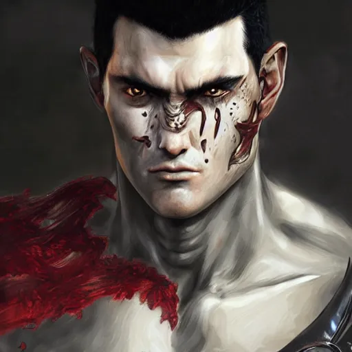 Image similar to realistic portrait of guts from berserk extremely detailed, made by wlop and maxwell boas