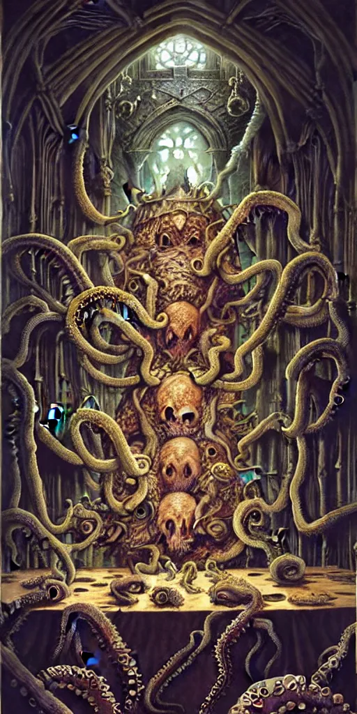 Image similar to mages with human bodies and magical armour with octopus heads sitting near the table in an ancient mage castle with enormous scale, gothic and baroque, brutalist architecture, ultradetailed, Intricate by John Howe and Josan Gonzalez and Giuseppe Arcimboldo