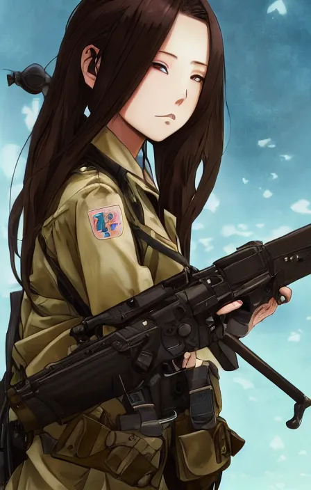 Prompt: infantry girl, anime style, long hair, hair down, symmetrical facial features, apocalypse, from girls frontline, hyper realistic, pale skin, 4 k, rule of thirds, extreme detail, detailed drawing, trending artstation, hd, war action, trading card, by alphonse mucha, greg rutkowski, sharp focus, backlit