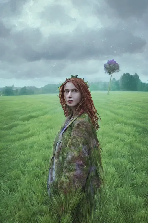 Prompt: portrait, an enormous thistle flower as head, a girl wearing coat in field, surreal photography, wind, cloudy sky, dramatic light, impressionist painting, digital painting, artstation, simon stalenhag