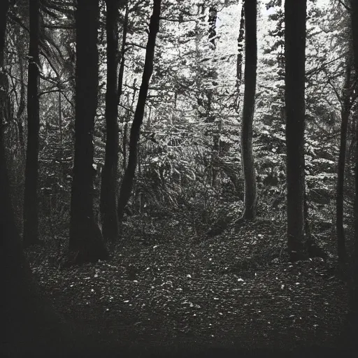 Image similar to glowing eyes in a dark creepy forest at night, 35 mm, film shot