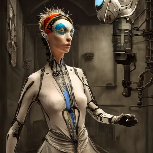 Image similar to italian solarpunk curator in an art gallery with extremely detailed headsets and glove's, inspired by die antwoord beautiful, hand painted textures, cloth physics, deviantart, karol bak, masamune shirow, black and white, photorealistic, concept art, perfect render, 3 d render, pixar, 8 k