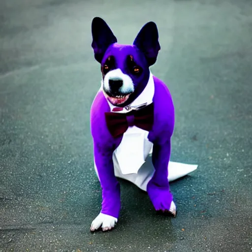 Prompt: a purple dog wearing a white top hat