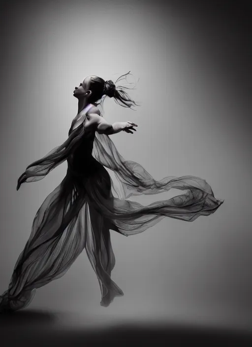 Image similar to a Photorealistic dramatic hyperrealistic render of a beautiful Female smoke dancer by Ken Brower and Deborah Ory of NYC Dance project,Lois Greenfield,Flowing cloth and smoke,Beautiful dynamic dramatic dark moody lighting,volumetric,shadows,cinematic atmosphere,Octane render,8K