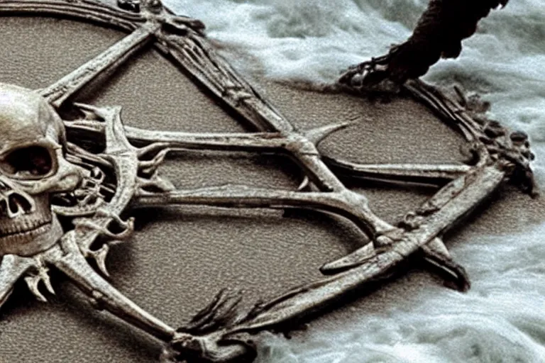 Prompt: a still from the movie pirates of the carribbean depicting a skeletal hand rising from the shore break holding an ornate compass.