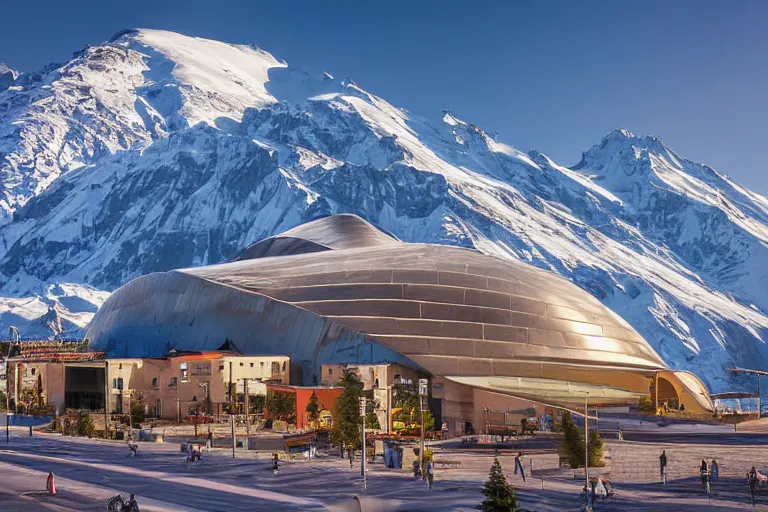 Image similar to architecture photo modern fachwerk giant opera building settlement with Elbrus mountain on the background, architecture, photorealism 8k , shining and happy atmosphere, uplight, high details