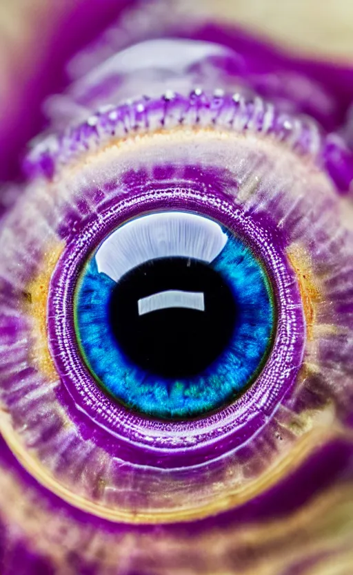 Image similar to macro shot, close-up of a purple squid eye, intricate iris, ultrarealistic, highly detailed