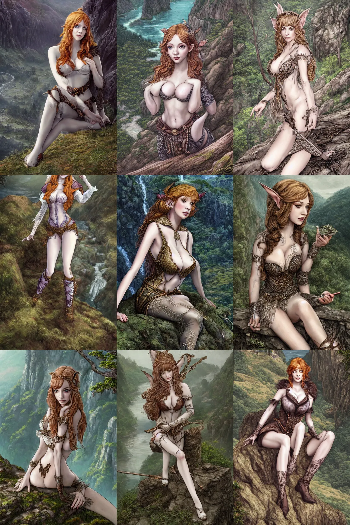 Prompt: alluring highly-detailed pen and ink illustration an attractive young elf woman (played by young Christina Hendricks), sitting on the edge of a cliff overlooking a forested valley, clothed in a chesty fantasy outfit, digital painting, hyper-realistic, trending on Artstation, concept art, smooth, sharp focus, illustration, in the style of artgerm and greg rutkowski and alphonse mucha