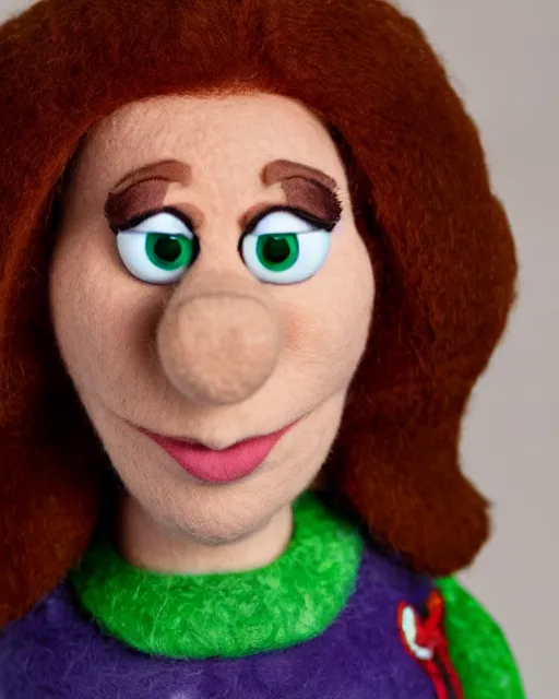 Image similar to catherine tate as a muppet. highly detailed felt. hyper real photo. 4 k.