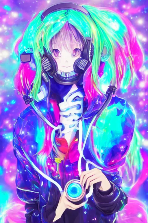 Image similar to portrait of an 3d anime character with cute sparkly eyes wearing a psychedelic holographic hoodie and headphones, long hair with pastel colors, wearing a cute face gas mask in the style of code vein by Kurumi Kobayashi Koichi Itakura, 3d anime, octane render, dynamic dramatic lighting, with glitch and chromatic abbreviations, artstation, cgsociety, imaginefx, by anime concept artist, rendered in unreal engine, by WENJR, WLOP, artgerm